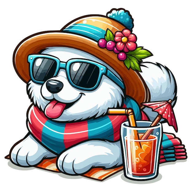 Vector summer cartoon eskimo dog with hat and sunglass