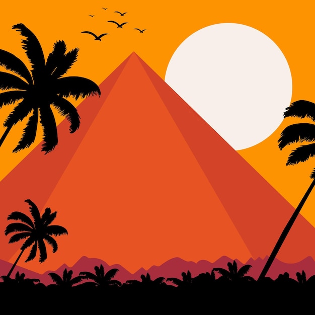 A summer cartoon illustration of a volcano with a sunset background