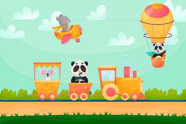 Summer cartoon landscape with animals riding raiway train. Animals flying on air balloon and plane.