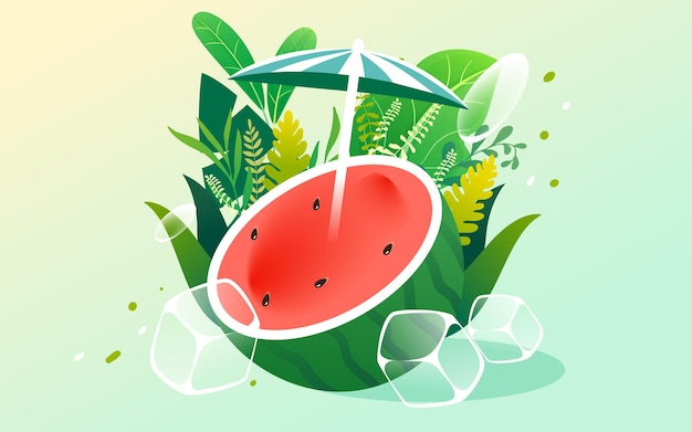 Summer character sits on watermelon and eats watermelon to relieve the heat with ice cubes