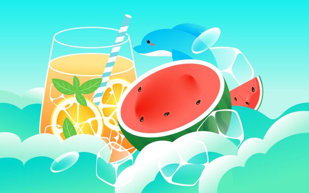 Summer character sits on watermelon and eats watermelon to relieve the heat with ice cubes