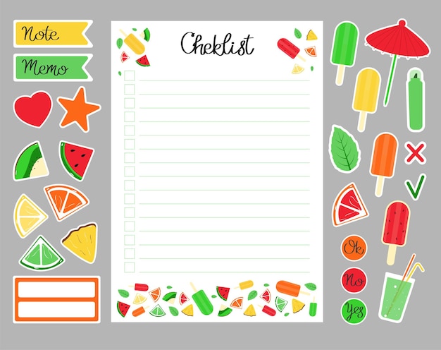 Summer cheklist and stickers Template for agenda planners diary notebooks scrapbooking