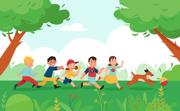 Vector summer children playing activity dog composition boys and girls running around the park playing with the dog vector illustration