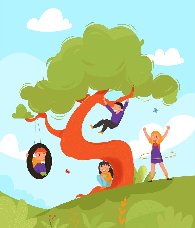 Vector summer children playing activity tree composition
