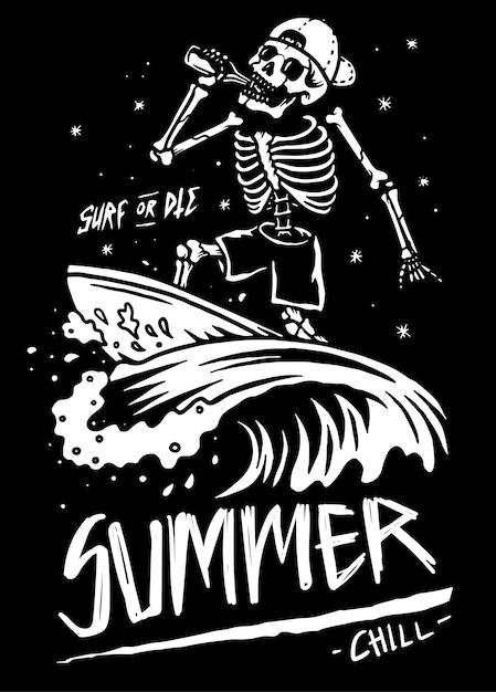 Summer chill skeleton skull surf illustration