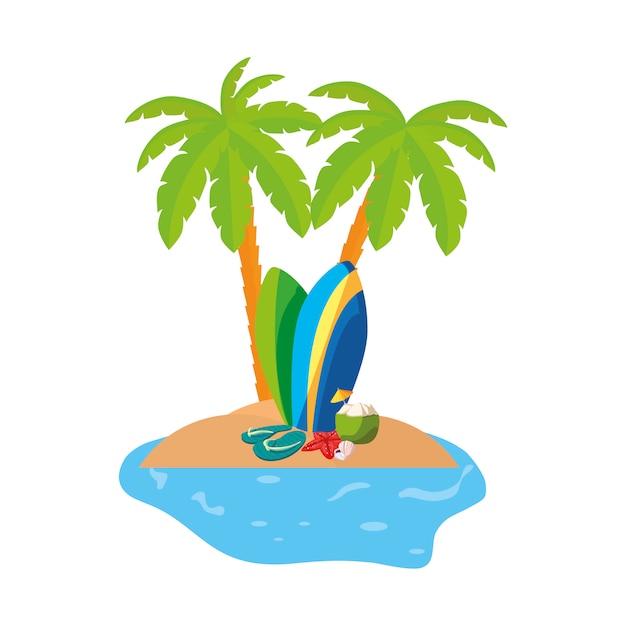 летняя береговая линия с пальмами и досками для серфинга
