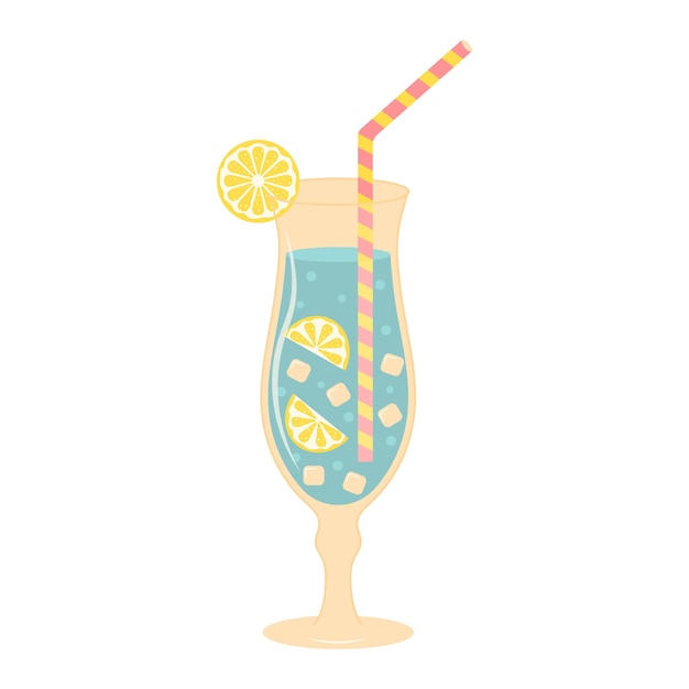 Summer cocktail with straw lemon and ice Cold fresh drink Cartoon flat illustration