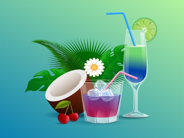 Vector summer cocktails decorated with flowers cherries tropical leaves coconut lime