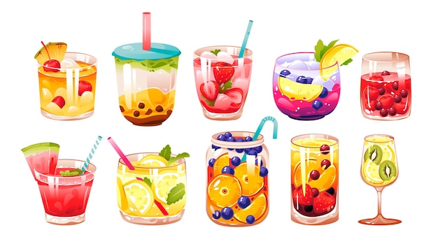 Summer cocktails and drinks with fruit Different smoothies Alcoholic and nonalcoholic beverages