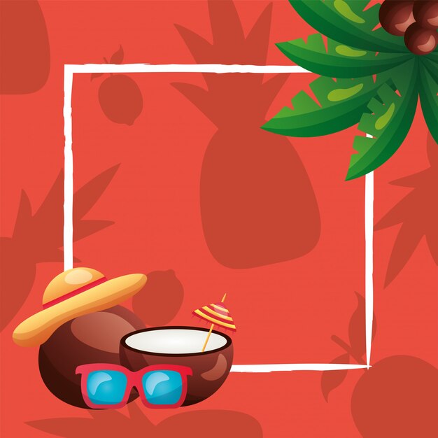 Summer coconuts glasses hat and palm tree frame vector design