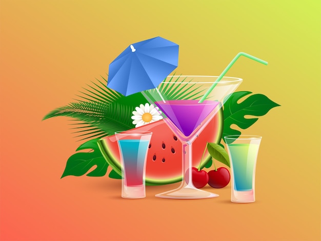 Vector summer colorful cocktails with straw and cocktail umbrellas vector cartoon