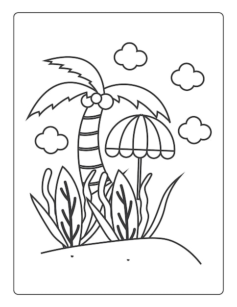 Summer Coloring Pages for kids with summer vibes sun and trees black and white coloring book