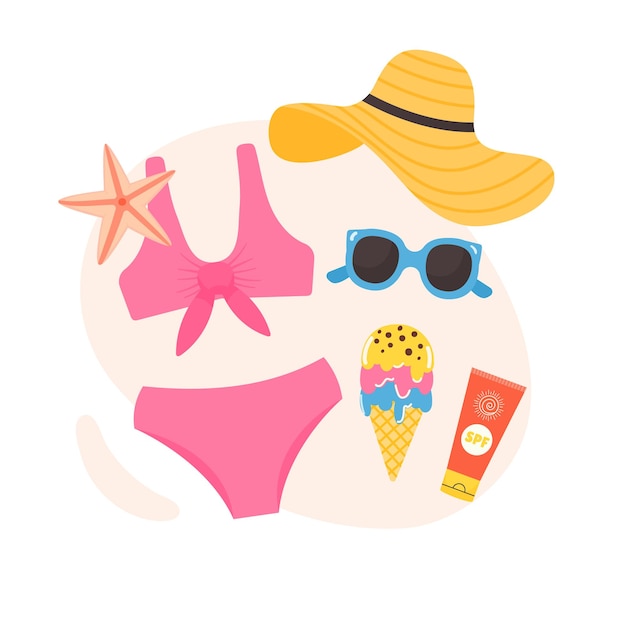 Vector summer composition with bikini hat ice cream for vacation beach female accessories