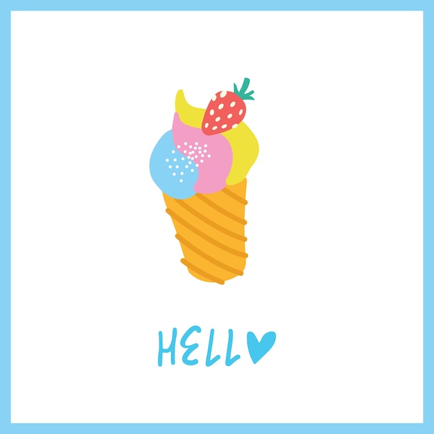 Summer concept card with strawberry ice cream Y2k groovy vector design Hello lettering