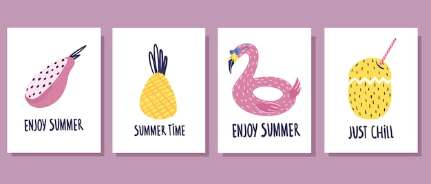 Summer concept. cute summer cards four pieces.