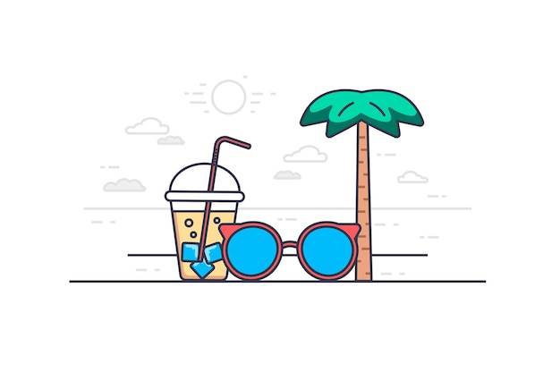 Summer concept in flat outline design holiday vacation and relaxing at seaside resort vector