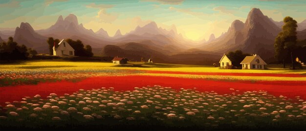 Summer country landscape with a field of flowers and farm and mountains background plan nature