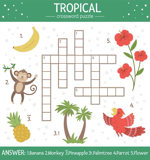 Summer crossword puzzle for kids. quiz with tropical elements for children. educational jungle activity with cute funny characters