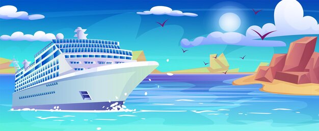 Vector summer cruise travel sea ship liner holiday vacation journey tourist recreation nautical voyage cartoon sky island coast summertime luxury resort vector illustration