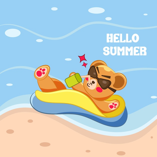 summer cute bear illustration on the beach