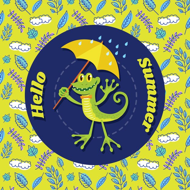 Vector summer cute cartoon lizard background with doodle pattern