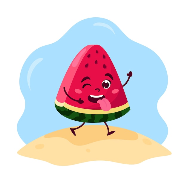 夏のかわいいカワイイスイカのキャラクター。ベクトルイラスト。漫画のスタイル。