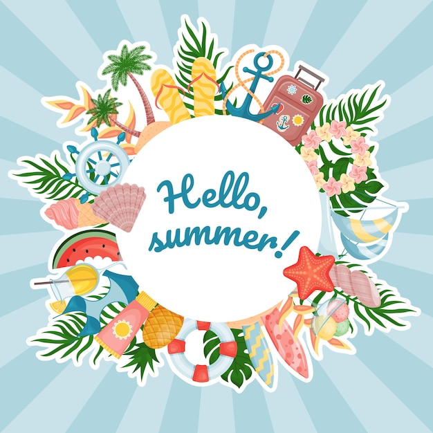 Vector summer cute round frame on blue background template for design many objects vector illustration cartoon style