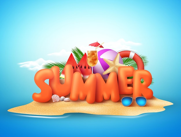 Summer day vector design of 3d summer text in beach island with tropical elements