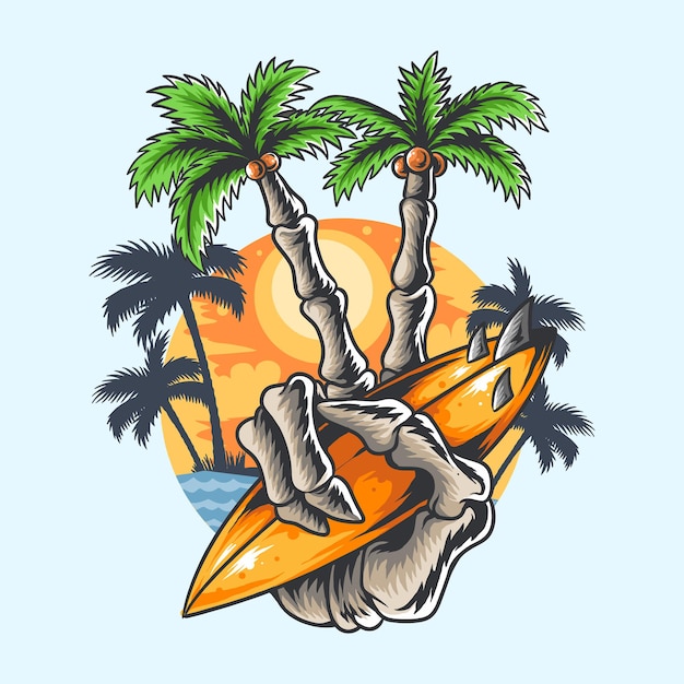 Summer design hand skull coconut tree finger holding beach surf board tshirt artwork