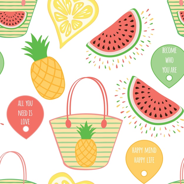 Vector summer design template with fruits and woman beach bag