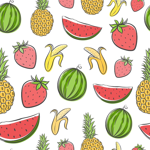 Summer doodle cartoon fruits, seamless pattern