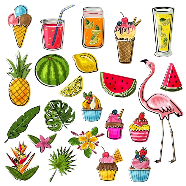 Summer doodle collection set with fruits, animals and drinks