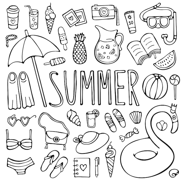 Summer doodle set black elements isolated