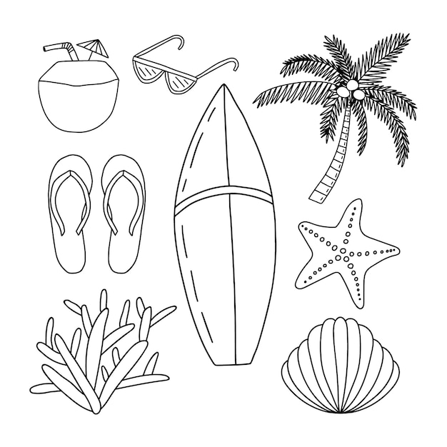 Summer doodle stickers set Vector hand drawn summeritems set