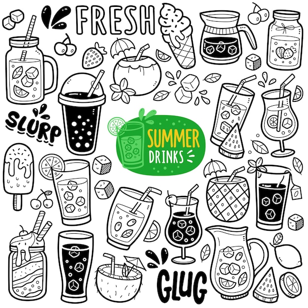 Vector summer drink black and white doodle illustration