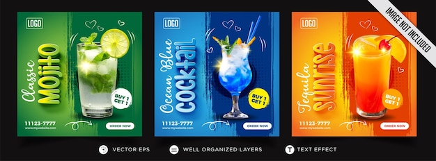 Vector summer drink fresh cocktail menu promotion social media template