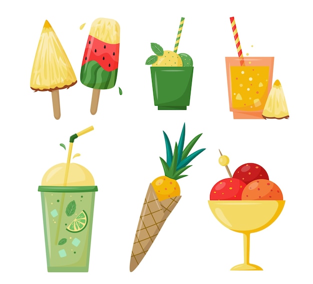 Vector summer drinks and ice cream  bright summertime collection for beach party cafe or bar menu