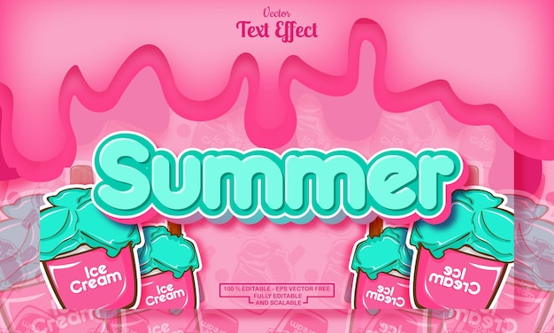summer editable text effect on melting background with mint ice cream hand drawn pattern