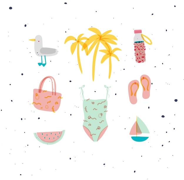 Summer elements seagull palm tree bottle of water bag swimsuit slippers watermelon boat