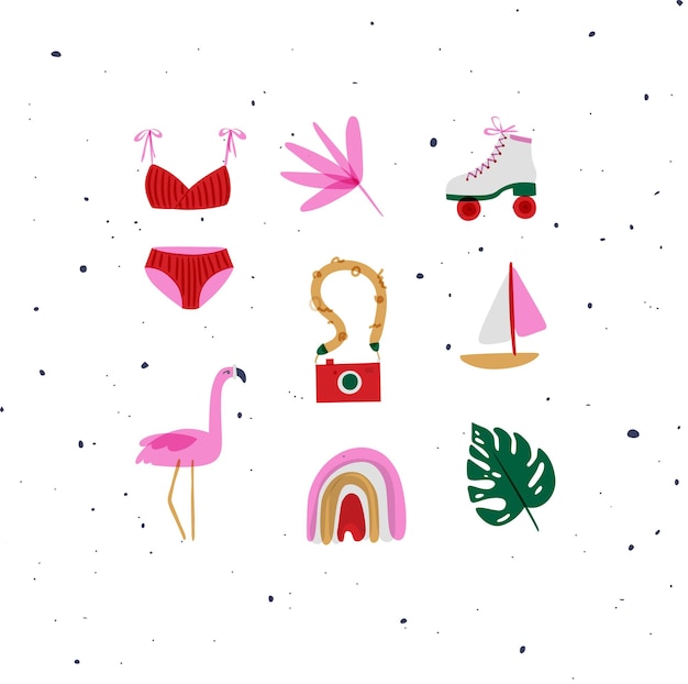 Vector summer elements swimsuit leaf flower rollers camera boat flamingo rainbow tropical leaf