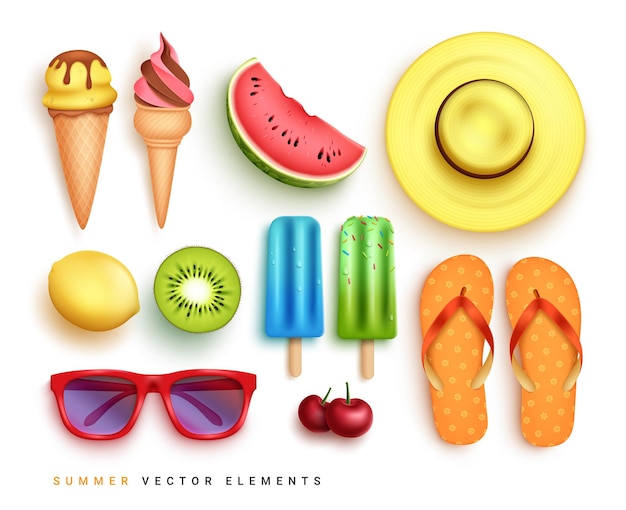 Summer elements vector set design 3d realistic summer objects of ice cream fruits hat