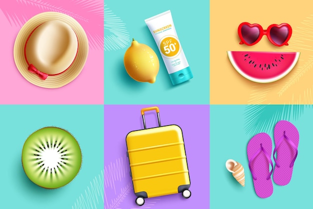 Summer elements vector set design Summer element objects collection like hat sunscreen sunglasses