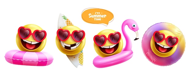 Summer emoticon emoji vector set summertime emojis in funny and cute wearing sunglasses floaters