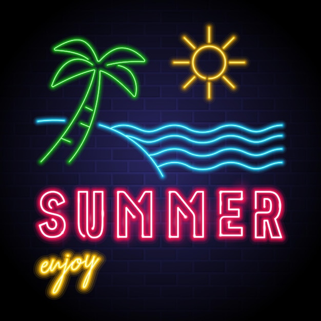 Summer enjoy and sea icon with neon light glowing elements