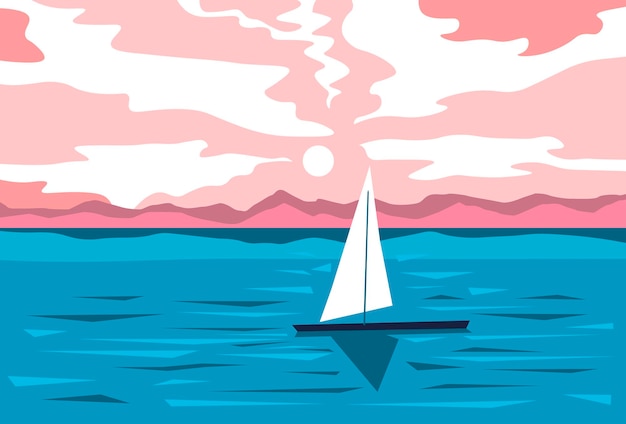 Vector summer evening seaside or pond with sailing boat