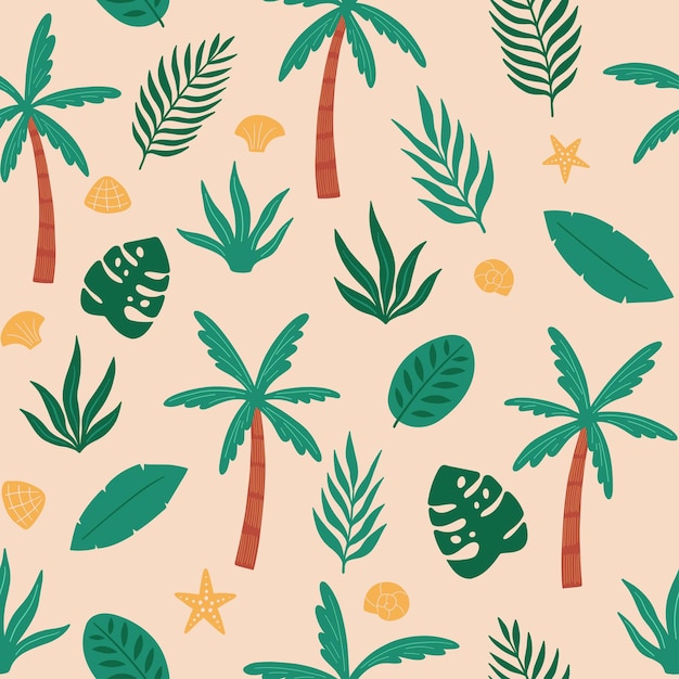 Summer exotic floral tropical pattern with palm, banana leaves and starfish.