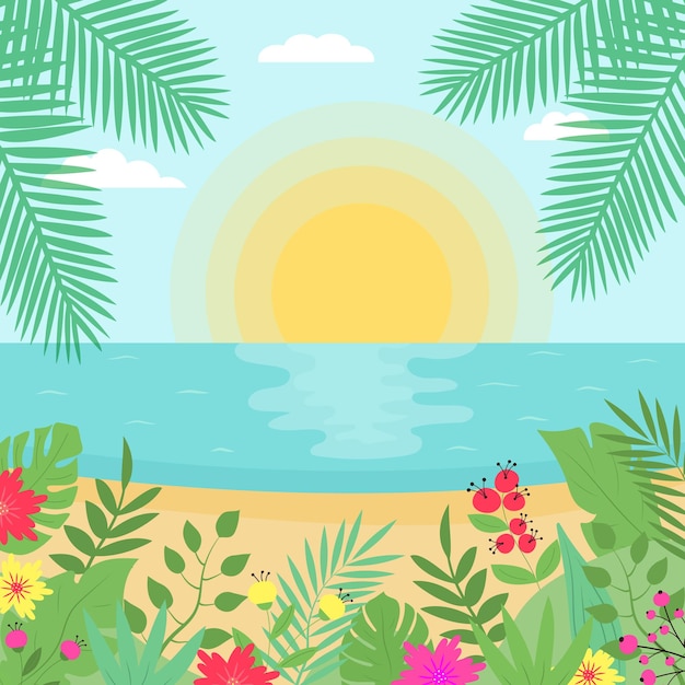 Вектор Летний экзотический морской пейзаж тропический пляж с пальмами, листьями, цветами и растениями закат или восход солнца