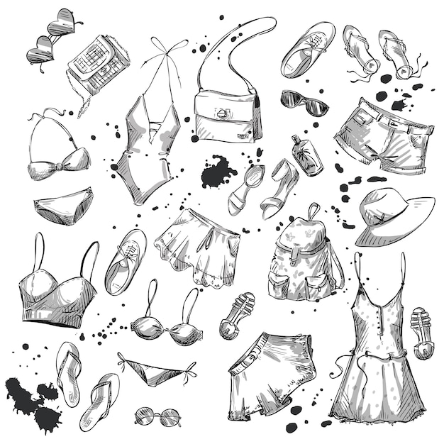 Vector summer fashion. collection of summer clothing and accessories line drawing