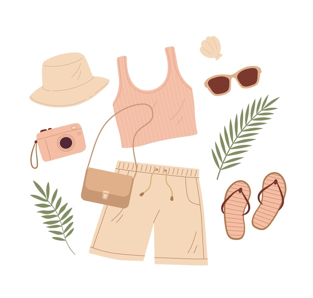 Летняя женская одежда и аксессуары векторные иллюстрации шорты верхняя сумка солнцезащитные очки шляпа тропические листья