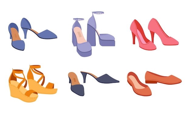 Summer female footwear Cartoon modern shoes heels platform shoes and flats Fashion shoes flat vector illustration set